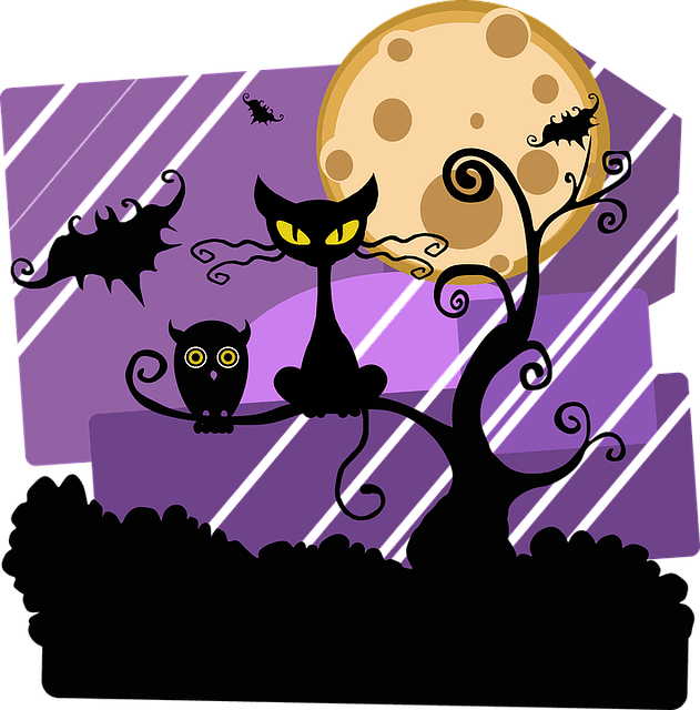 Night, Halloween, Moon, Cat, Tree, Outside, Owl, Bat - Halloween Scene Clip Art - Free Transparent PNG Clipart Images Download. - Transparent PNG Free Download | PNGio