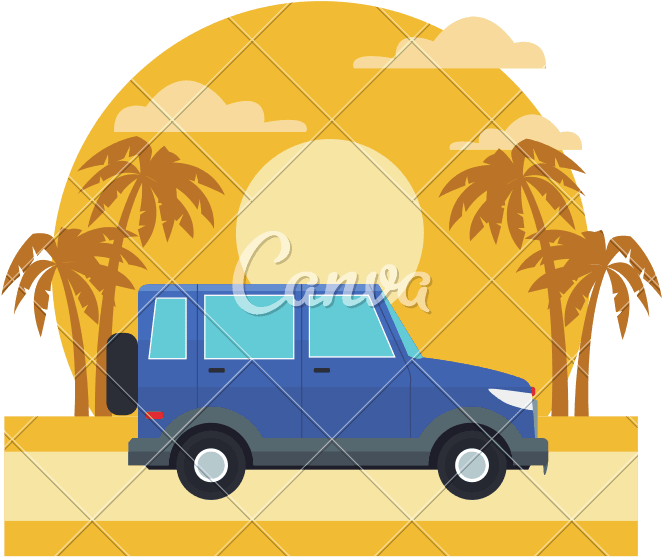 Suv Sport Vehicle On Sunset Landscape - Vector Graphics - Transparent PNG Free Download | PNGio