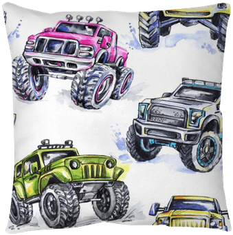Watercolor Seamless Pattern Cartoon Monster Trucks - Monster Trucks Background - Transparent PNG Free Download | PNGio