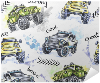 Watercolor Seamless Pattern Cartoon Monster Trucks - Watercolor Painting - Transparent PNG Free Download | PNGio