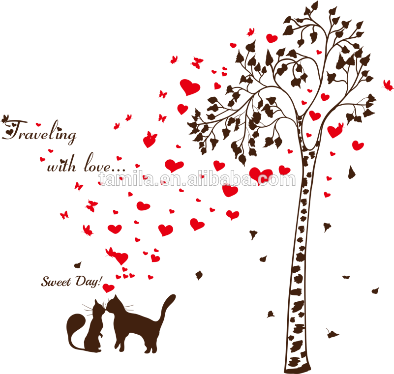 Loving Heart Butterfly Sweet Cat Tree Branch Vinyl - Gearbest Lover Cat Tree Heart Butterfly Vinyl Wall - Free Transparent PNG Clipart Images Download. - Cat Transparent PNG Free Download
