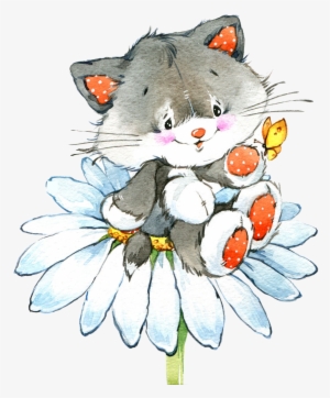 Cat Drawing Watercolor Painting Illustration - Giclee Painting: Int’l's Kitten On A Flower, 61x46in. Transparent PNG - 878x1024 - Free Download on - Cat Transparent PNG Free Download