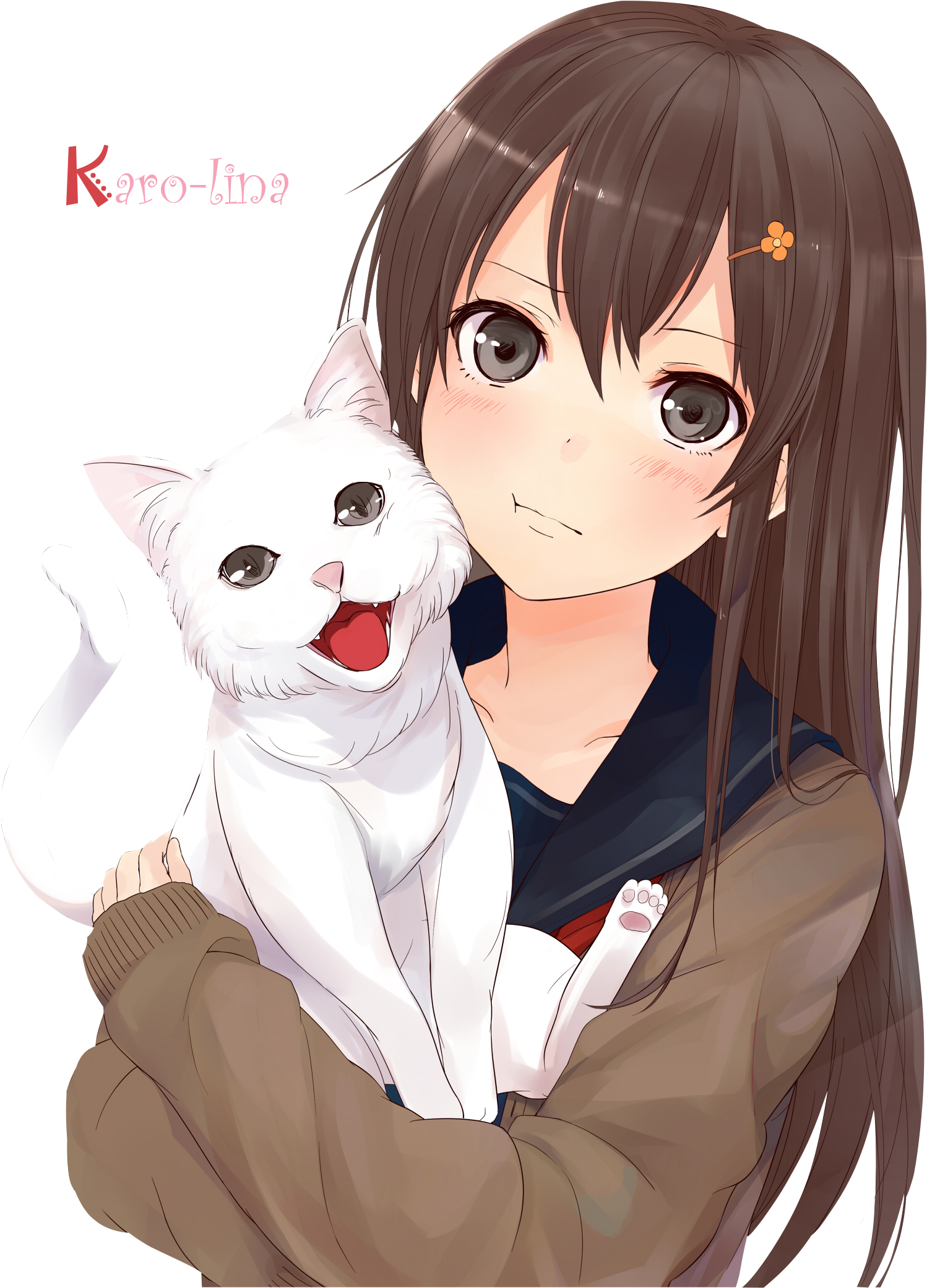 Renders Kazabana Fille Brune Avec Chat - Anime Girl With Cat - Free Transparent PNG Clipart Images Download. - Cat Transparent PNG Free Download