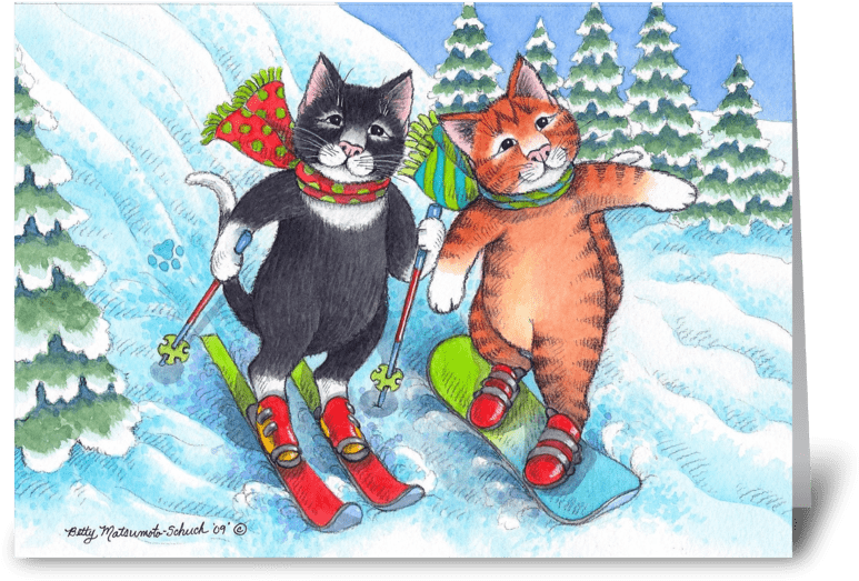 Skiing & Snowboarding Cats Holiday - Cats On Skis & Snowboarding Christmas (bud - Free Transparent PNG Clipart Images Download. - Cat Transparent PNG Free Download