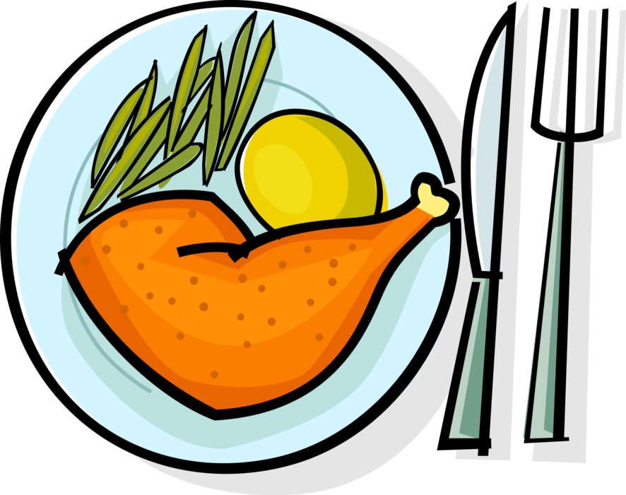 Vector Illustration Of Roast Chicken Leg With Potato - Vegetables In Plate Clipart - Free Transparent PNG Clipart Images Download. - Dinner Transparent PNG Free Download