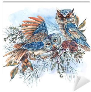 Watercolor Greeting Card With Owls, Spruce Branches - Watercolor Painting Transparent PNG - 400x400 - Free Download on - Owl Transparent PNG Free Download