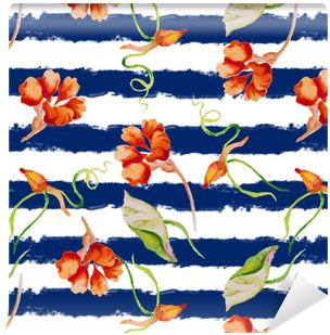 Nasturium On The Striped Nautical Background - Watercolor Painting Transparent PNG - 400x400 - Free Download on - Summer Transparent PNG Free Download