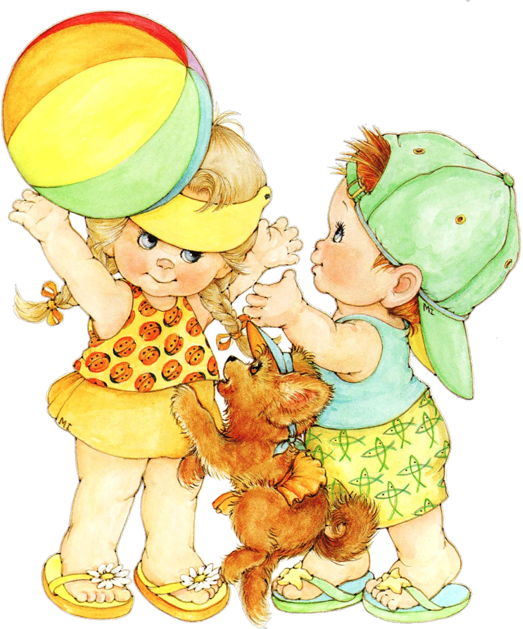 Boy, Girl & Puppy Ready To Play Ball - Ruth Morehead Art Summer - Free Transparent PNG Clipart Images Download. - Summer Transparent PNG Free Download