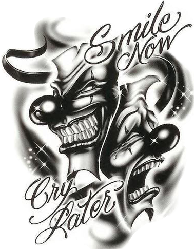 Png Transparent Library Gangster Smile Sad Clown Tattoo - Laugh Now Cry Later Transparent PNG - 378x485 - Free Download on - Tattoo Transparent PNG Free Download